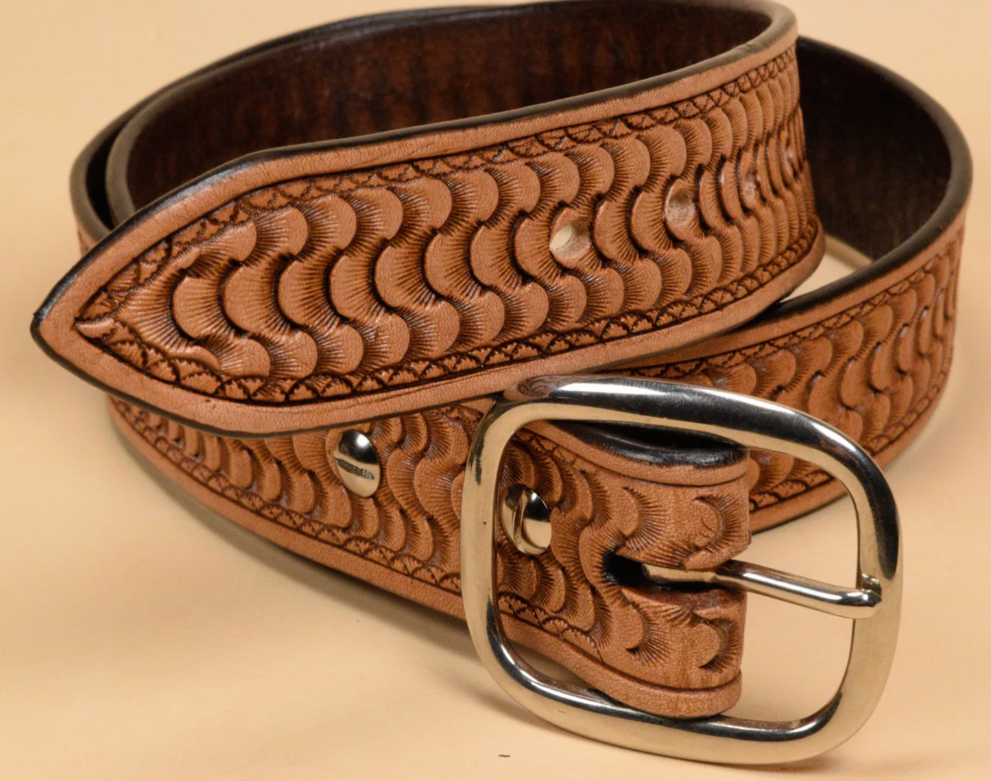 Hand Tooled Basketweave Leather Belt