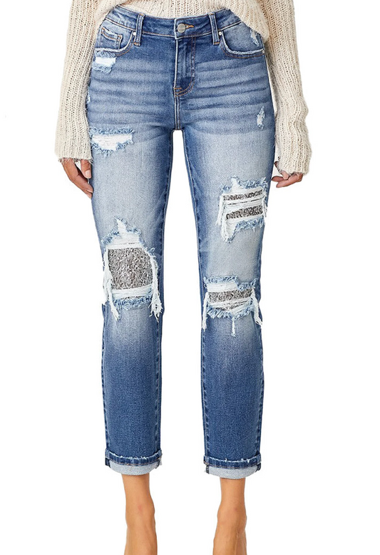 Mid Rise Sequins Patched Jeans