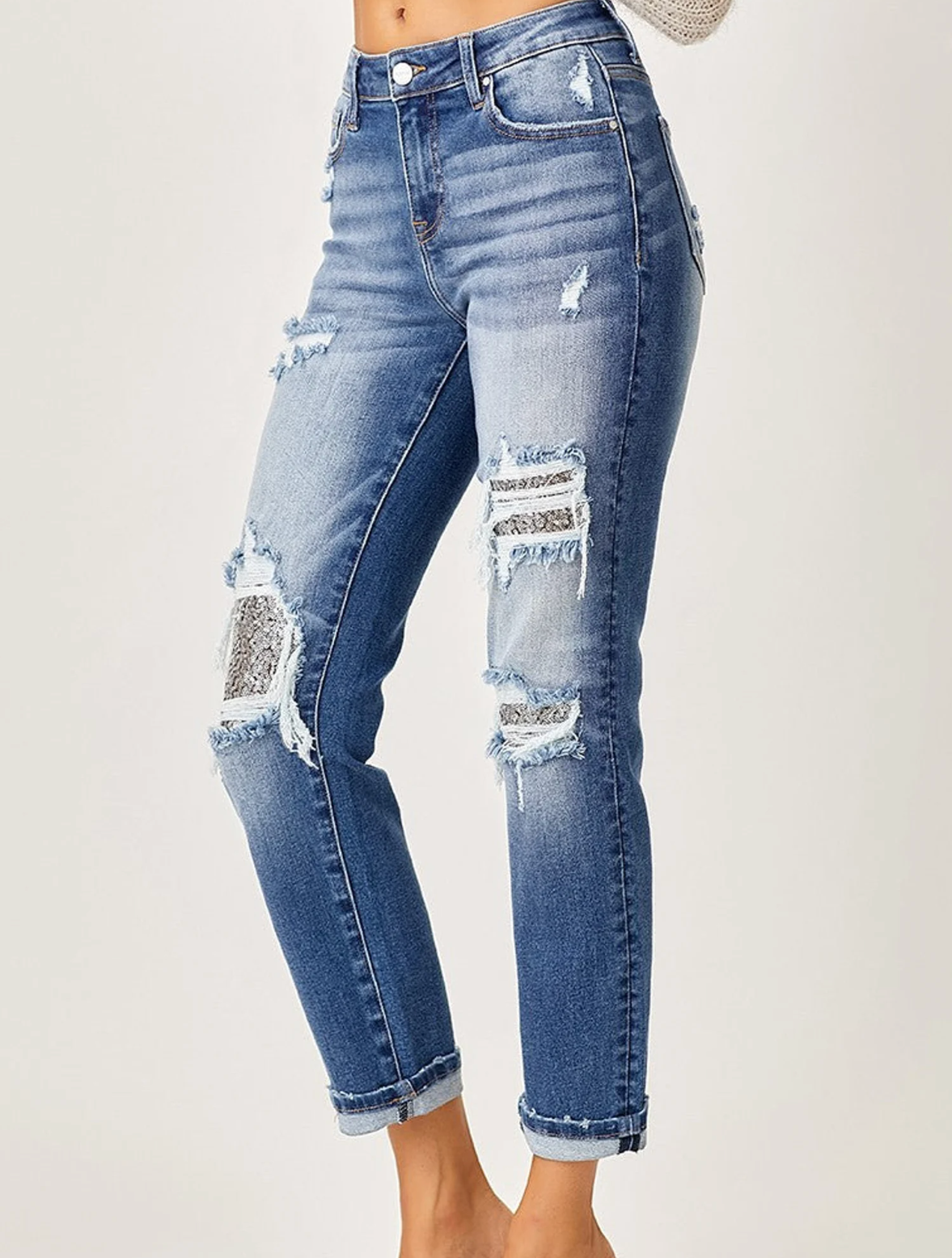 Mid Rise Sequins Patched Jeans